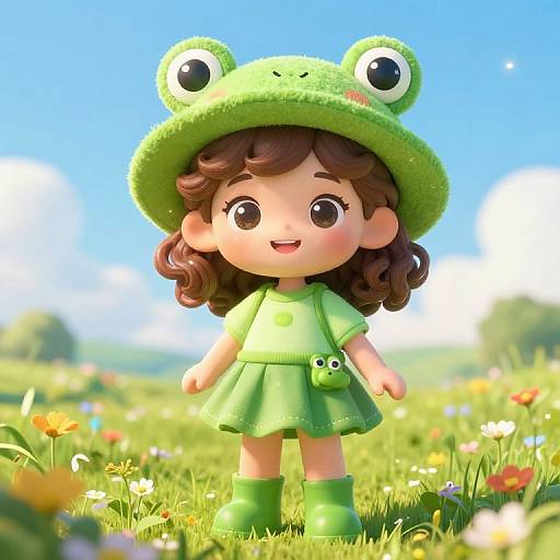 Cheerful Girl in Frog Hat Meadow