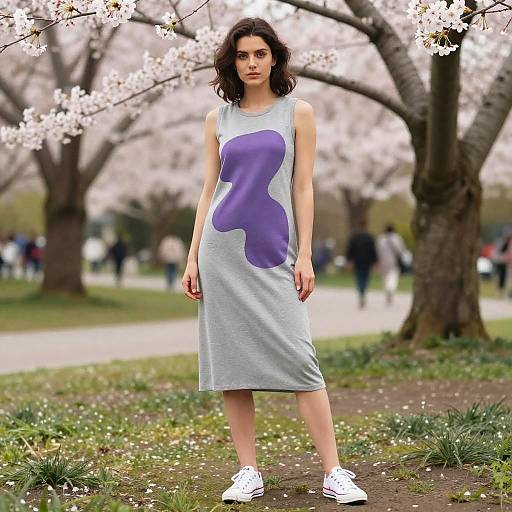 Photograph of a young woman with dark hair, wearing a gray dress with a purple abstract design, white sneakers, standing under cherry blossom trees in a