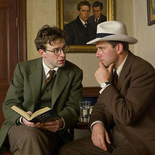 Photograph of two men in vintage suits and hats, one with glasses reading a book, the other listening, in a warmly lit room with a framed