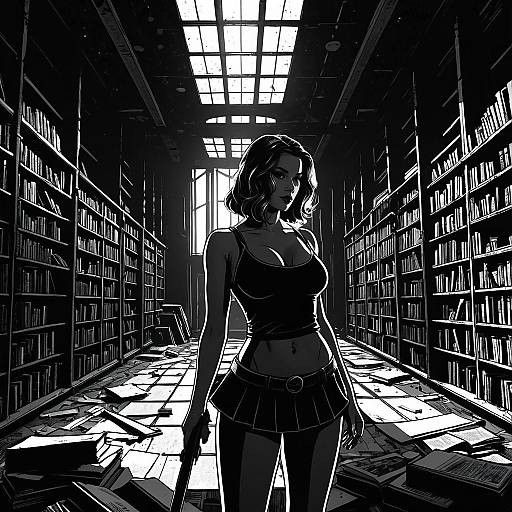 Noir Style Girl in Abandoned Library
