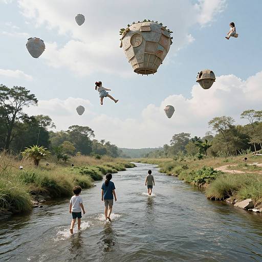 Photograph of three children wading through a river, surrounded by floating, fairy-tale-like airships in a lush, tropical landscape.