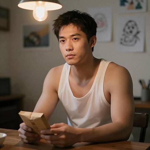 Focused Man with Package in Warm Light