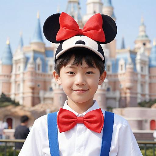 Young Asian boy wearing Minnie Mouse headband with red bow, red bowtie, white shirt, blue suspenders, smiling in front of Disney castle
