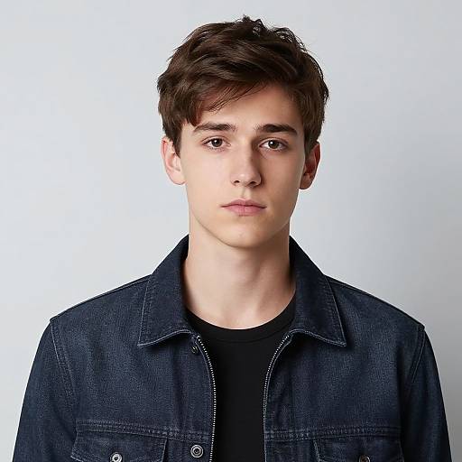 Photograph of a young man with fair skin and dark brown hair, wearing a black shirt and dark denim jacket, against a plain white background.