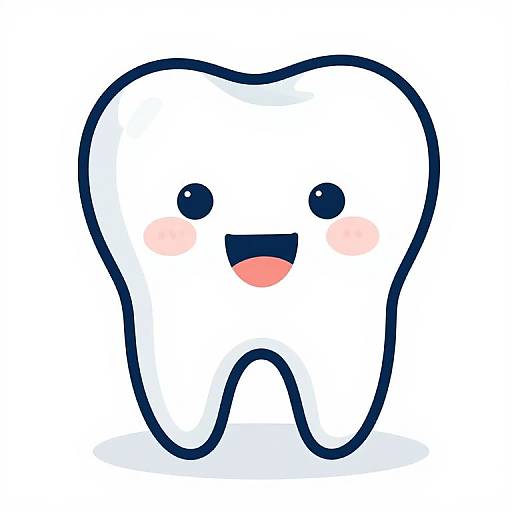 Cute digital drawing of a smiling, round white tooth with black eyes, pink blushing cheeks, and an open mouth against a white background.