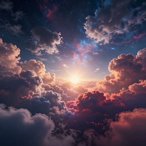 Digital art of a vibrant sunset sky filled with dramatic, colorful clouds in shades of pink, purple, and blue, with a bright sun peeking through