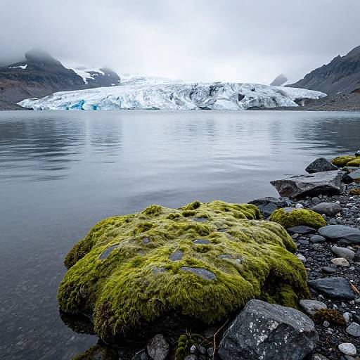 Photograph of a serene glacial lake with moss-covered rocks in the foreground, snow-capped glacier in the background, surrounded by rocky terrain under a