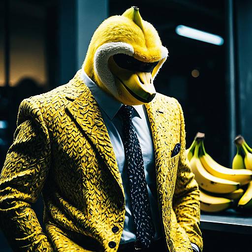 Person in Banana-Themed Suit with Banana Head Mask