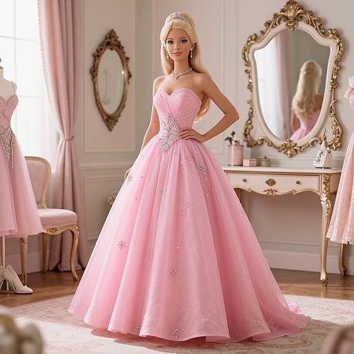 Photograph of a blonde princess in a pink, strapless ball gown with sparkling embroidery, standing in an elegant, ornate bedroom.