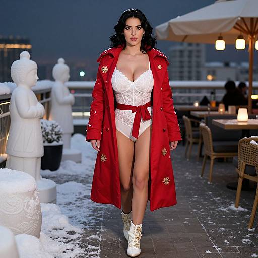 Photograph of a curvy woman with dark curly hair, wearing a red coat, white lace lingerie, and white boots, confidently walking on a snow