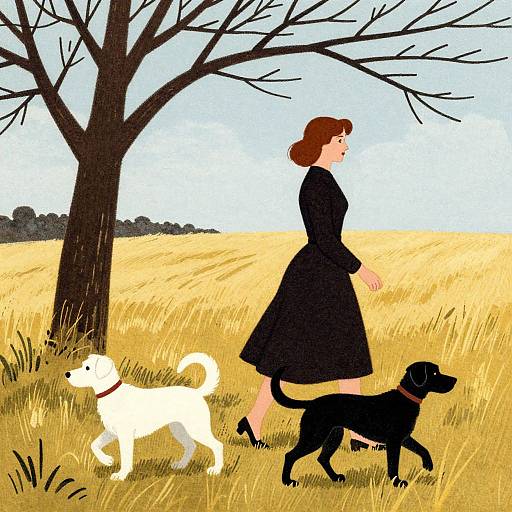Vintage Woman Walking Dogs Illustration