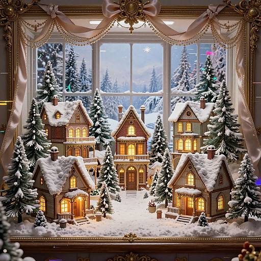 Photograph of a detailed, illuminated Christmas village display with snow-covered houses, trees, and a bright, starry winter night sky.