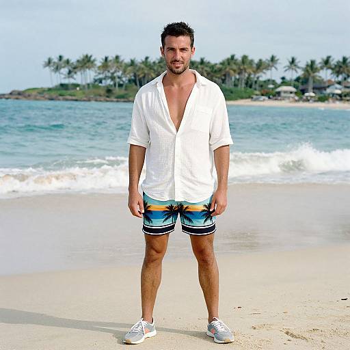 Photograph of a muscular, bearded man in a white, partially unbuttoned shirt, blue and orange shorts, and white sneakers standing on a