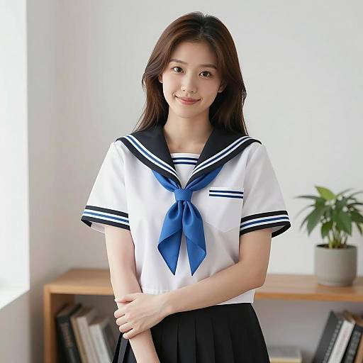 Cheerful Asian Woman in Sailor Uniform