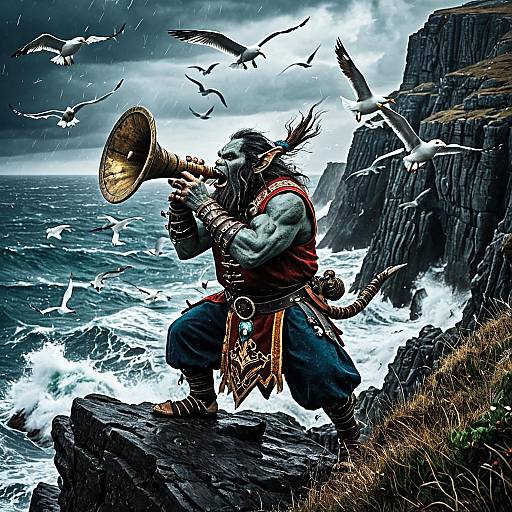 Troll Bard Playing Ancient War Horn on Cliff