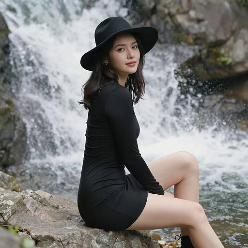 Young Woman by Waterfall in Black Dress