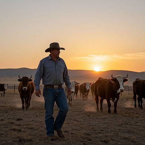 Photograph of a cowboy in a blue shirt and hat walking through a sunset-lit cattle field, with brown cows in the background.