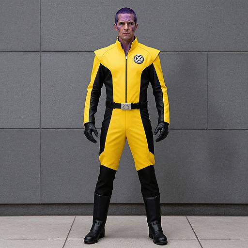 Photograph of a man in a yellow and black superhero costume with black gloves and boots, standing against a gray wall. Costume features a black emblem on