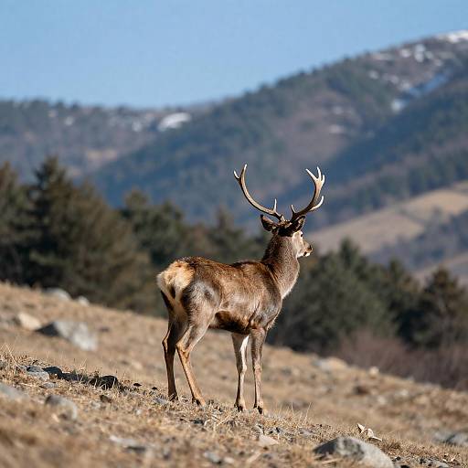 Brown Deer with Antlers on Hillside
