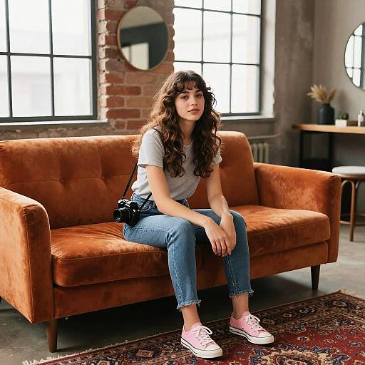 Photograph of a young woman with curly brown hair, wearing a white t-shirt, blue jeans, and pink sneakers, sitting on an orange velvet couch