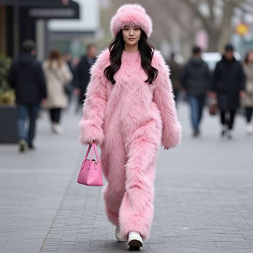 Photograph of a woman in a fluffy pink fur onesie, matching hat, and pink handbag, walking on a busy city sidewalk.