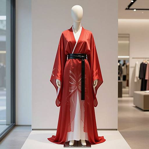 Photograph of a white mannequin wearing a red silk kimono with black obi belt and white innerwear, displayed in a modern, well