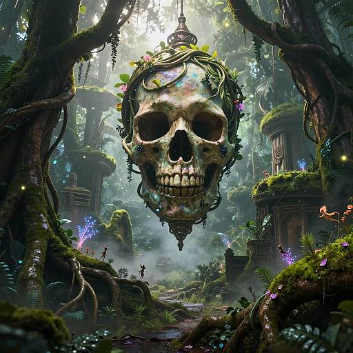 Digital fantasy artwork of a glowing, vine-encrusted skull hanging in a lush, mystical forest with ethereal lights and ancient ruins.