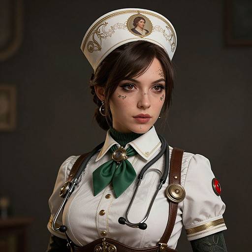 Digital art of a young woman in a Victorian-style nurse uniform with a detailed white hat, green bowtie, and medical tools. Dark background, soft