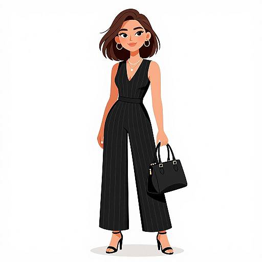 Digital illustration of a confident woman with short brown hair, wearing a black pinstripe jumpsuit, holding a black handbag, and black high heels