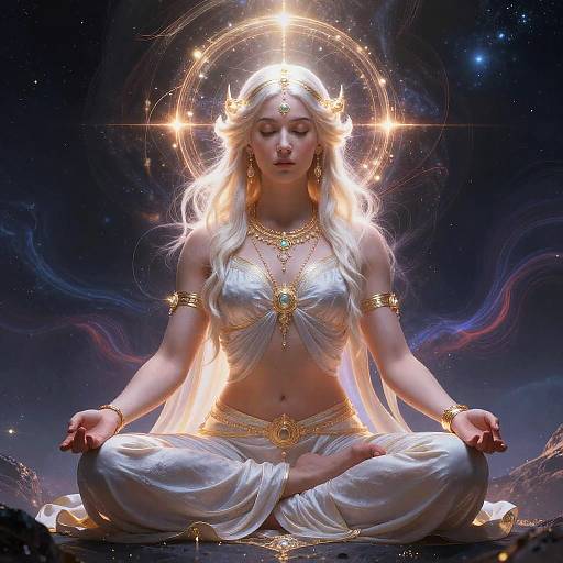 Digital art of a serene, blonde, goddess-like woman with glowing halo, white drapery, gold jewelry, meditating in cosmic space.
