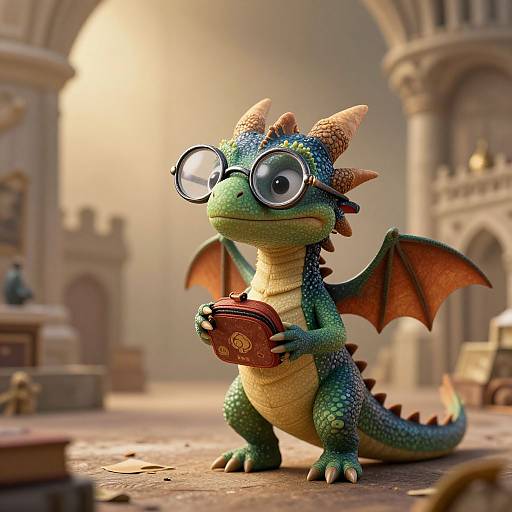Cute CGI dragon with green scales, blue spots, orange wings, and large round glasses, holding a red book in a sunlit, ancient stone