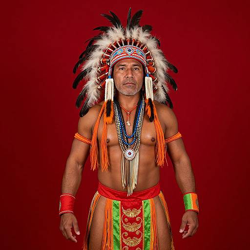 Photograph of a muscular, middle-aged Native American man in traditional feathered headpiece, red and green loincloth, and beaded necklaces