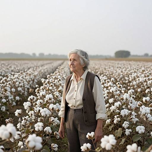 Photograph of an elderly white man with gray hair, wearing a white shirt and dark vest, standing in a vast cotton field with white blooming cotton