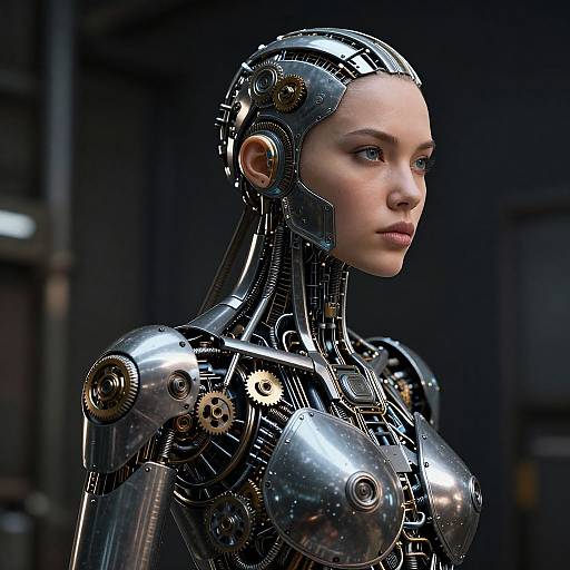 CGI image of a female cyborg with metallic silver body, exposed gears, and a smooth, pale face, gazing to the right. Dark