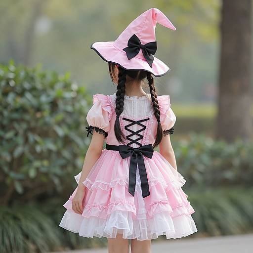 Photograph of a young girl with long braids, wearing a pink witch hat and pink and white ruffled dress, standing in a green, blurred