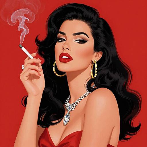 Digital illustration of a glamorous woman with black wavy hair, red lipstick, gold hoop earrings, necklace, smoking a cigarette against a red background.