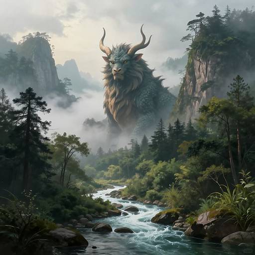 Ancient Mythical Creature in Misty Mountains