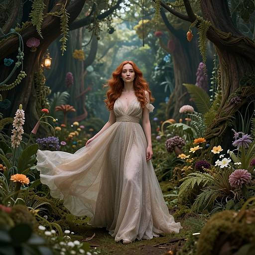 Photorealistic digital art of a red-haired woman in a flowing white gown standing in a lush, enchanted forest with vibrant flowers and hanging lanterns.