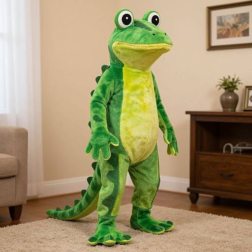 Photograph of a person in a green and yellow frog costume with large eyes, standing in a living room with beige walls, wooden furniture, and framed