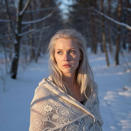 Photograph of a pale-skinned, blonde woman with blue eyes, wrapped in a white, knitted shawl, standing in a snowy forest with