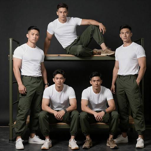 Group of Muscular Men in Military Bunks