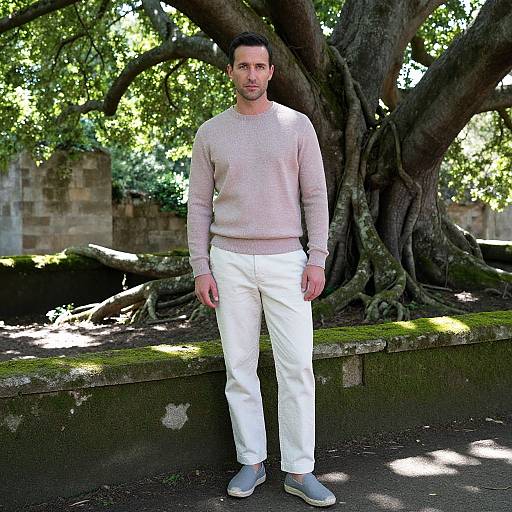 Photograph of a man with short dark hair, light beard, wearing a beige sweater, white pants, and gray shoes, standing in front of a