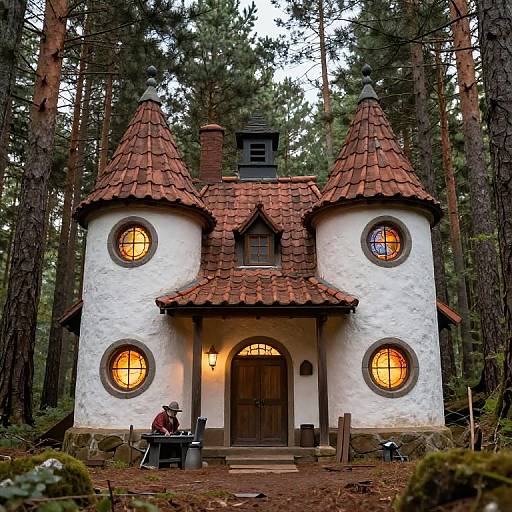 Photograph of a whimsical, white, fairy-tale cottage with red-tiled, pointed roofs, glowing orange windows, in a dense pine forest