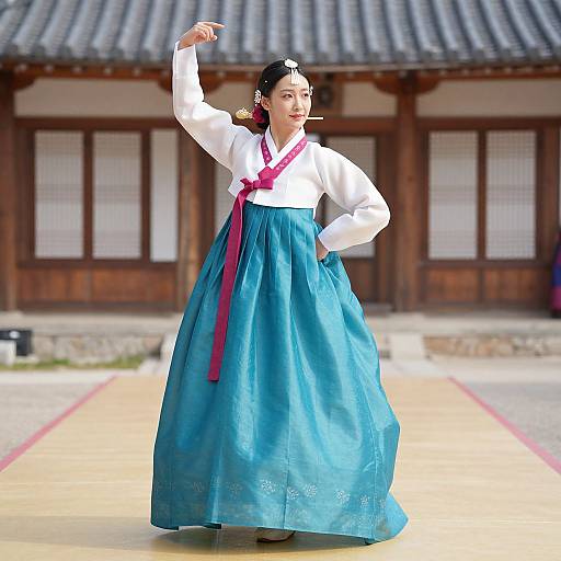 Photograph of an Asian woman in traditional Korean hanbok, white top, blue high-waisted skirt, red sash, black hair bun