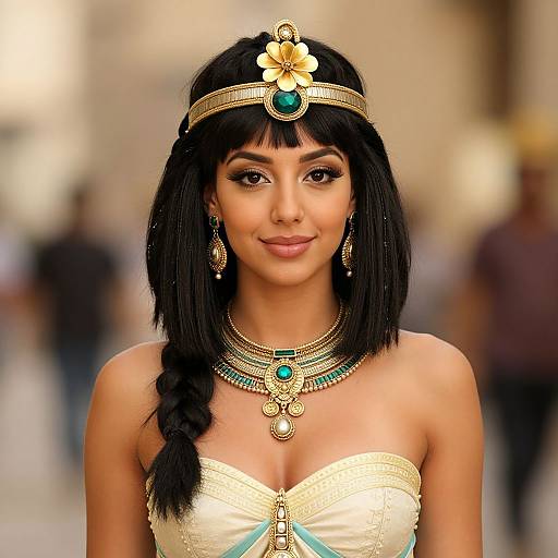 Photograph of a beautiful woman with dark hair, wearing an Egyptian-inspired gold headpiece, turquoise jewelry, and a strapless white dress, smiling in