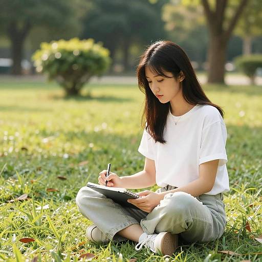 Young woman writing in notebook outdoors