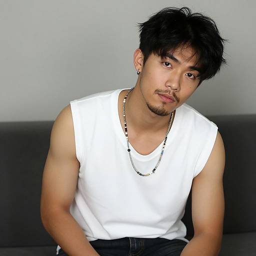 Photograph of an Asian man with short, messy black hair, light skin, and stubble, wearing a white sleeveless shirt, silver necklace,
