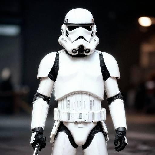 Photograph of a white and black Stormtrooper costume with a black helmet, standing in a dark, blurred urban background.