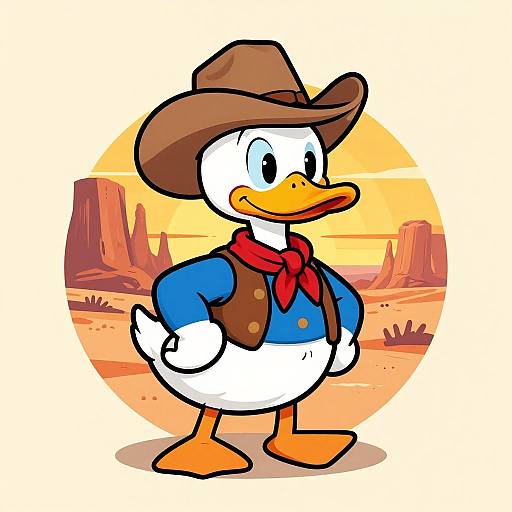 Cartoon duck in cowboy attire, brown hat, blue shirt, red bandana, brown vest, standing confidently in desert sunset background.