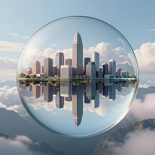 Photorealistic CGI image of a city skyline reflected within a transparent glass bubble, set against a clear blue sky with clouds.